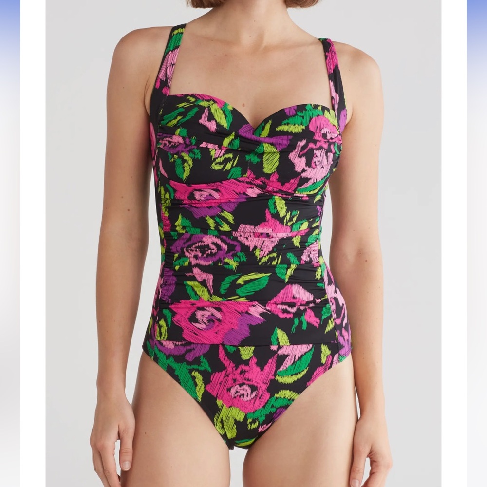 New Betsey Johnson Bandeau One Piece Swimsuit, Lush Meadow Rose, Size Large
